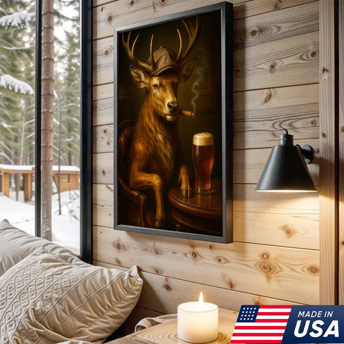 Classy Deer Smoking Cigar Canvas – Rustic Beer Lover Wall Art for Cabin & Man Cave
