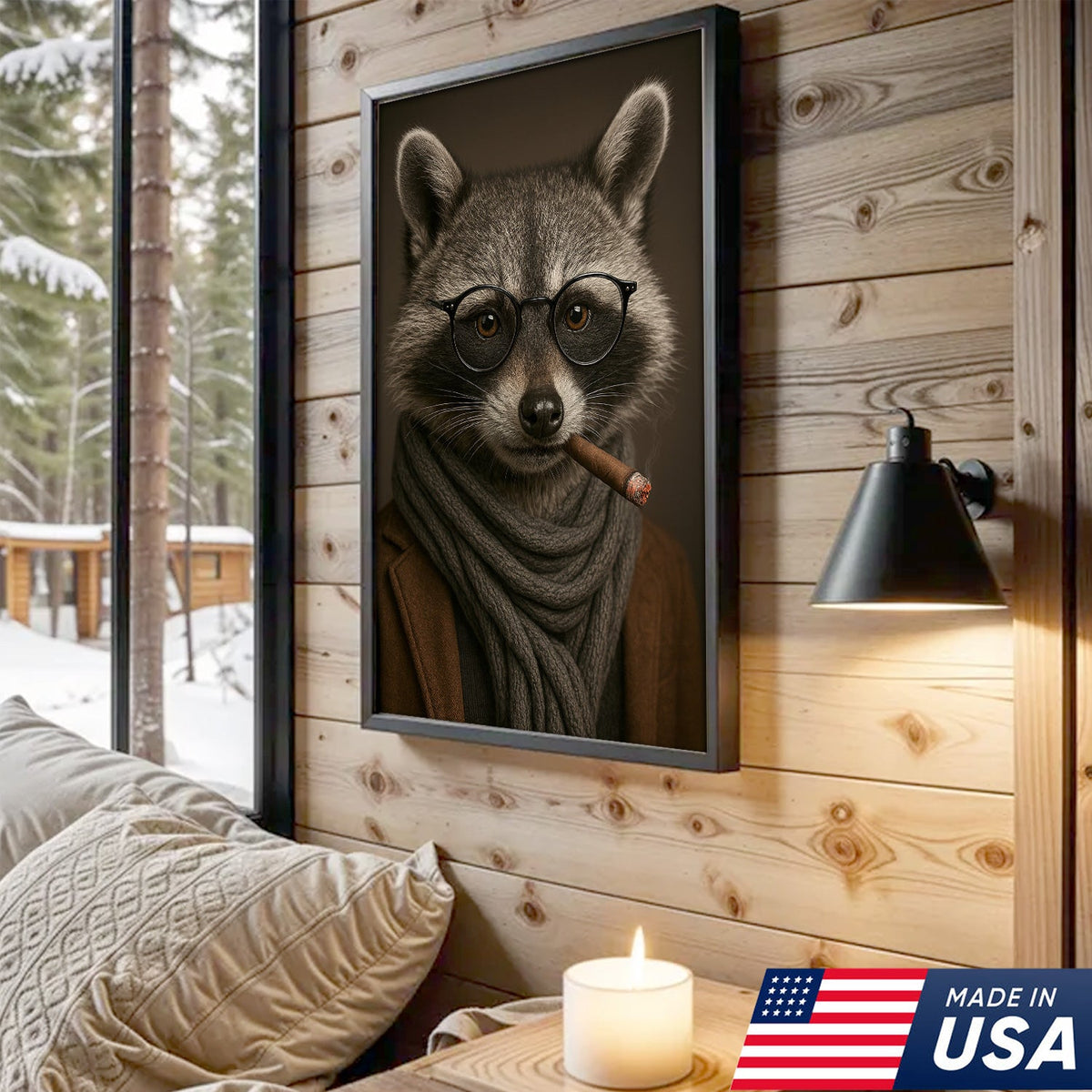 Gentleman Raccoon Cigar Wall Art Canvas – Stylish Animal Portrait for Bar