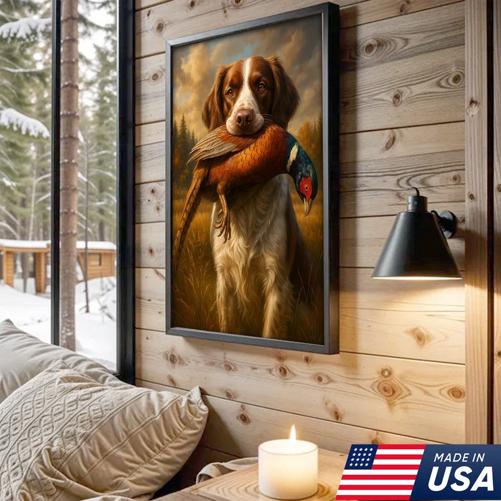 Upland Hunting Dog Canvas Wall Art – Brittany with Pheasant, Rustic Cabin Decor