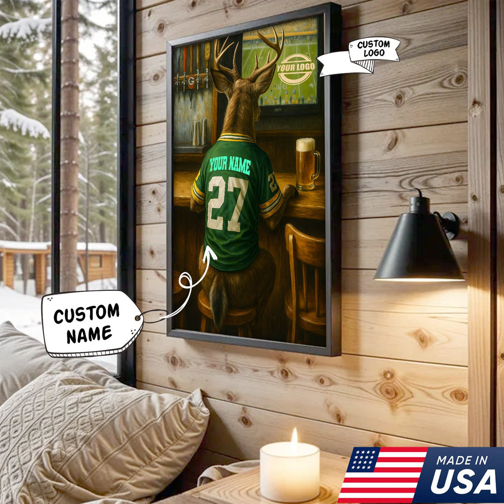 Custom Deer Football Canvas Wall Art – Personalized Deer Watching Sports Drinking Funny Sports Bar Decor