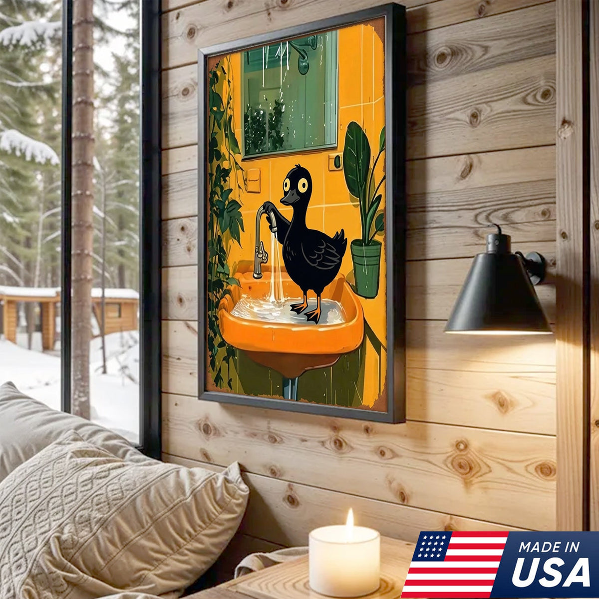 Funny Black Duck Bathroom Canvas Wall Art – Whimsical Bird in Sink Illustration