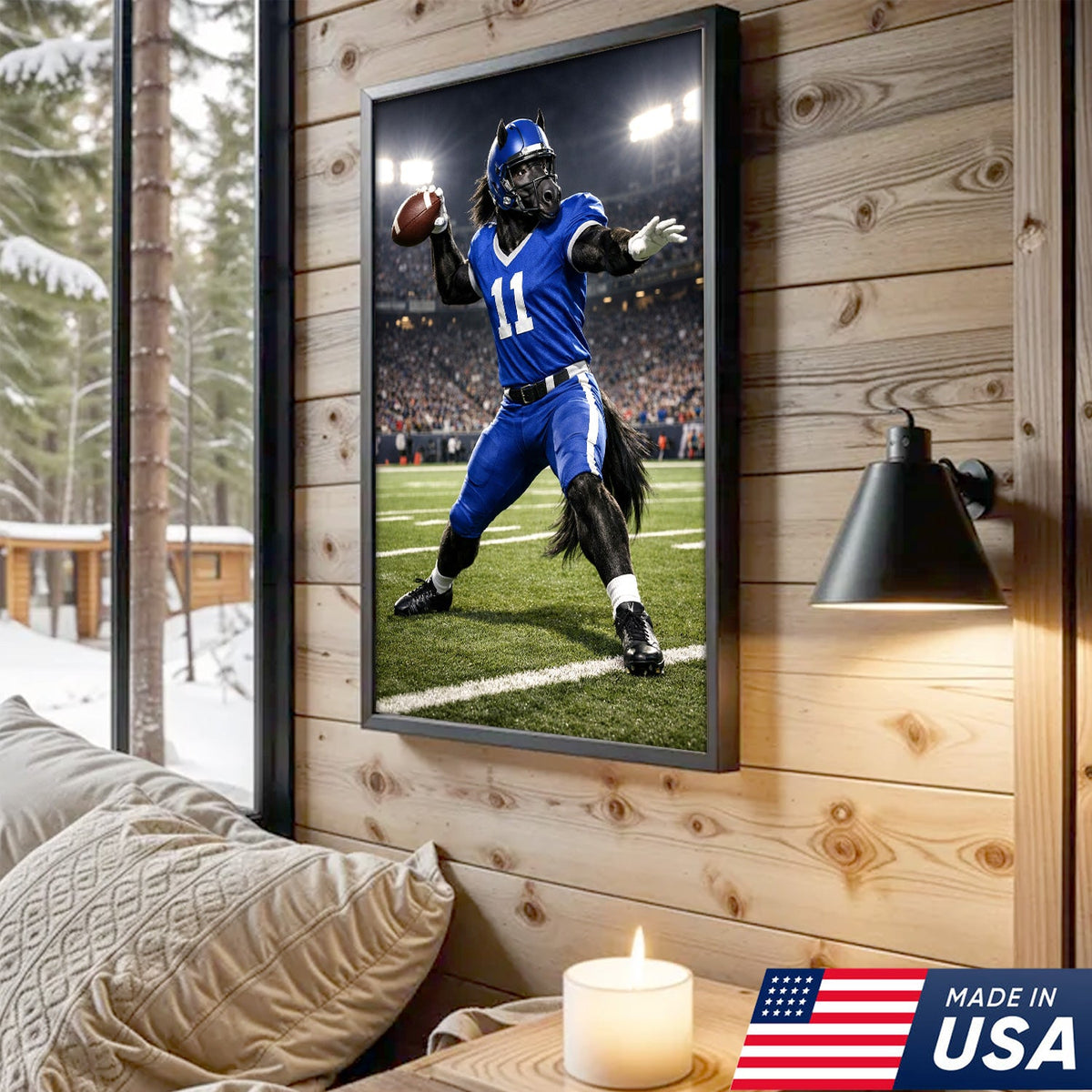 Power Stallion Quarterback Canvas Wall Art – Blue Uniform Horse Athlete Action Print