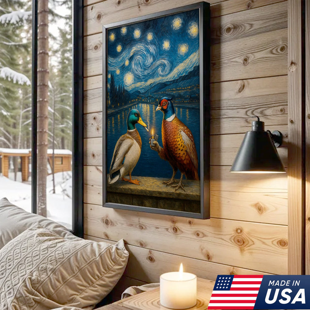 Starry Night Duck and Pheasant Canvas Wall Art, Van Gogh Inspired Wildlife Painting