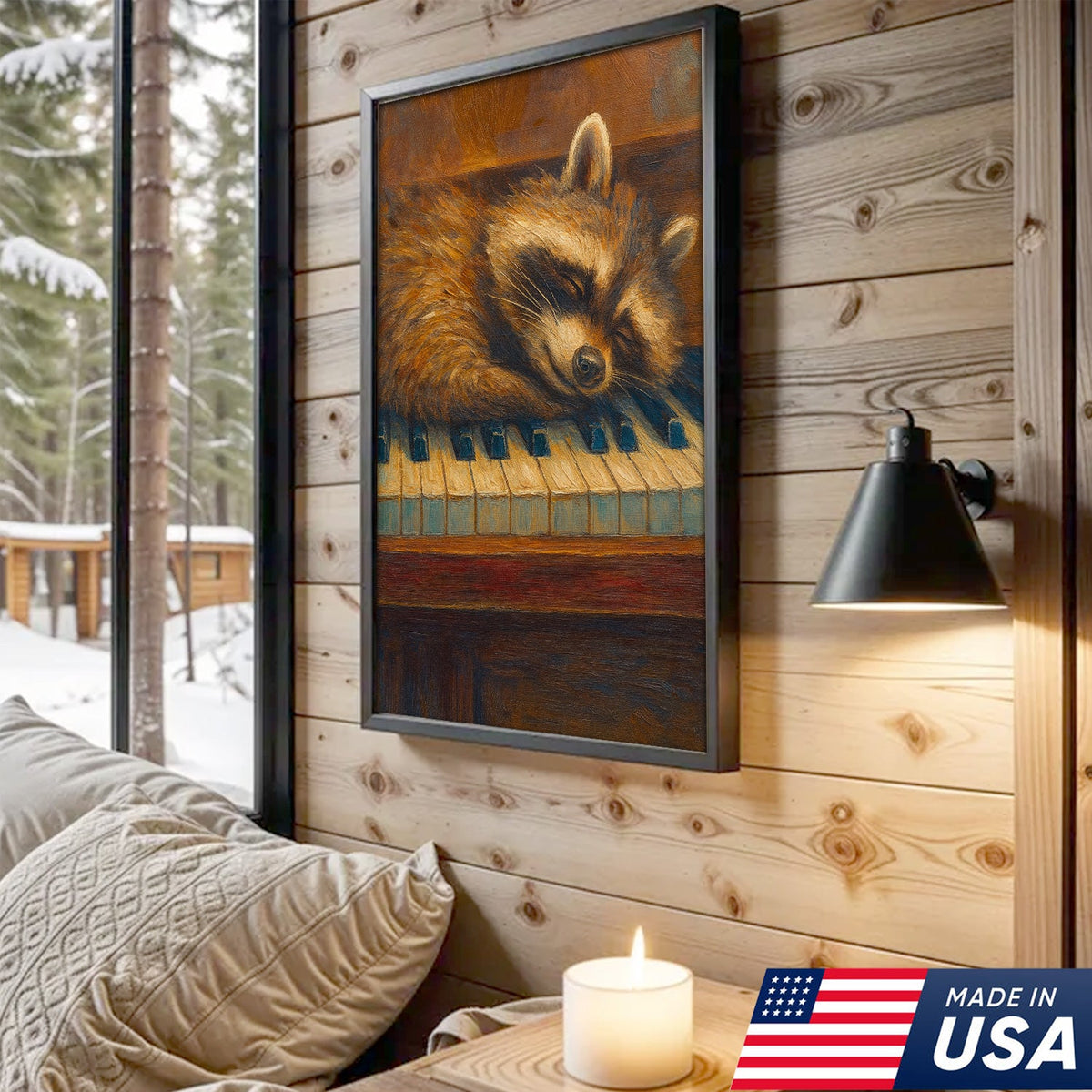 Sleeping Raccoon Wall Art Canvas - Cozy Animal Wall Decor, Cute Raccoon Painting