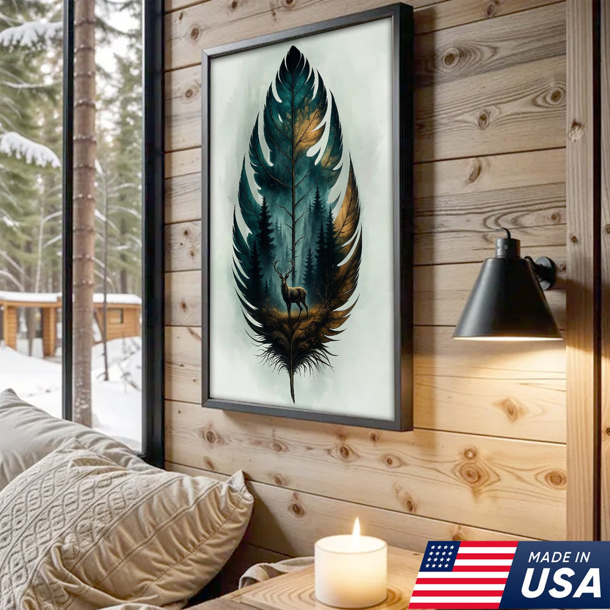 Rustic Deer And Feather Canvas Wall Art – Nature Forest Wildlife Print – Cabin & Lodge Hunting Decor