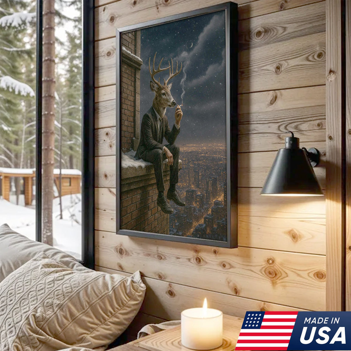 Surreal Deer Man Canvas Wall Art, Anthropomorphic Animal City Night Artwork