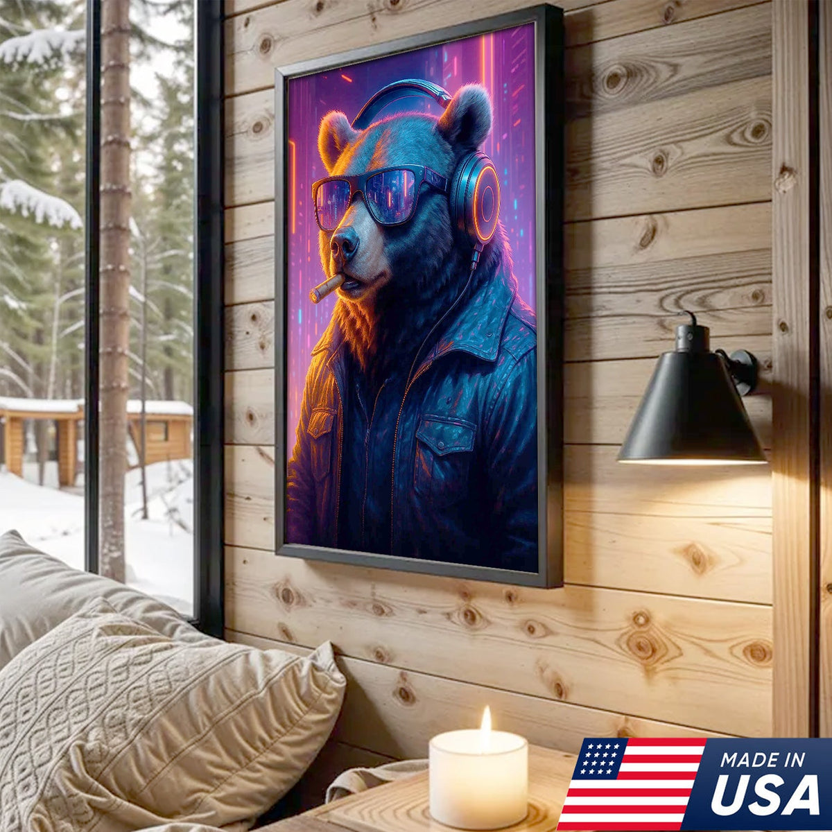 Cyberpunk Bear Wall Art Canvas, Cool DJ Bear with Headphones Neon City Decor