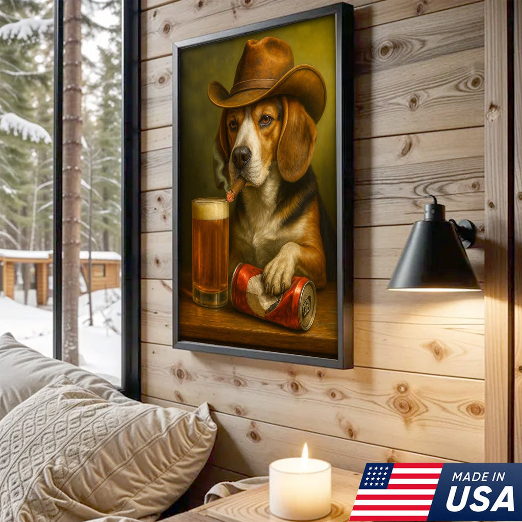 Funny Cowboy Dog Canvas Wall Art - Rustic Bar Wall Art Gift for Hunters, Outdoorsmen & Man Caves
