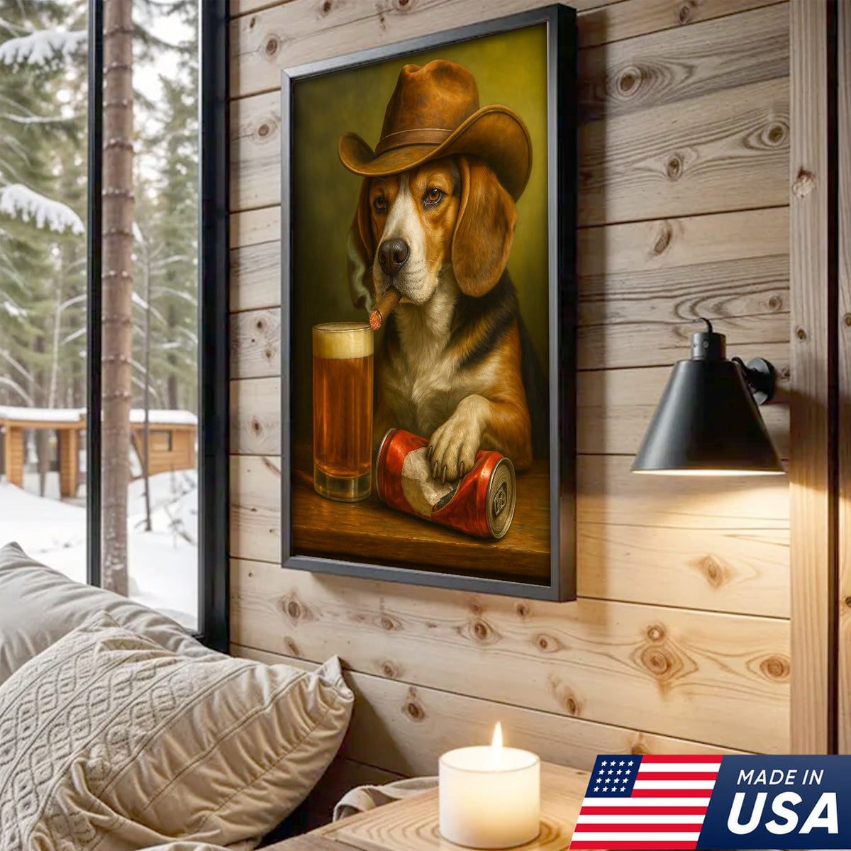 Funny Cowboy Dog Canvas Wall Art - Rustic Bar Wall Art Gift for Hunters, Outdoorsmen & Man Caves
