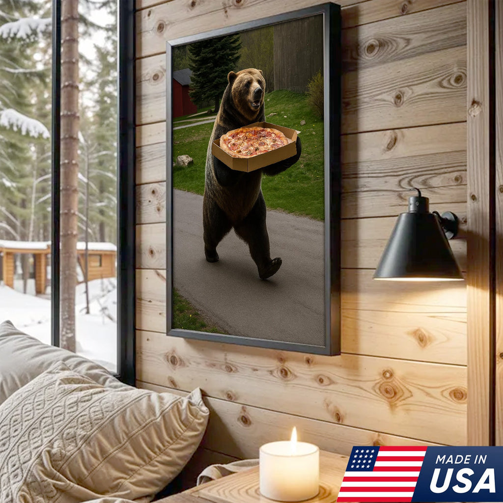 Funny Bear Pizza Canvas Wall Art, Humorous Kitchen Foodie Decor Print