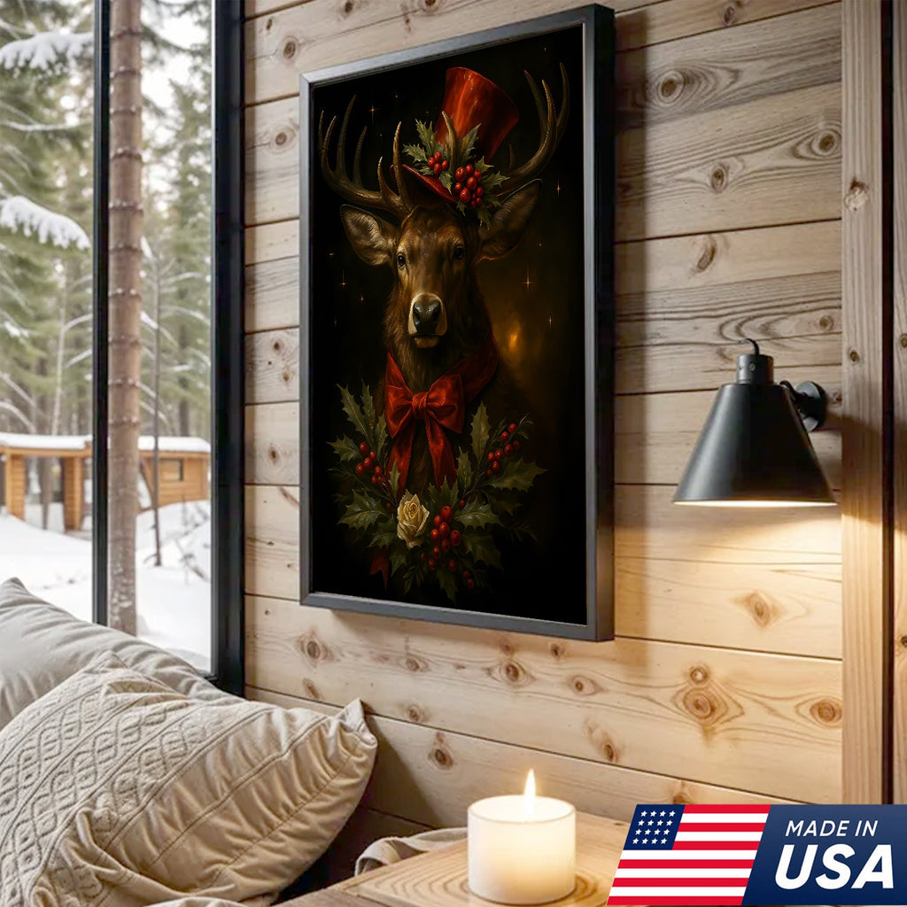 Christmas Deer Canvas Wall Art – Rustic Holiday Decor for Cabin & Lodge