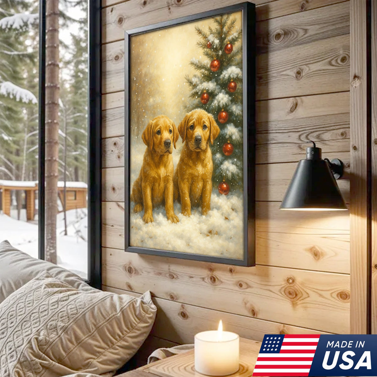 Christmas Golden Puppies Canvas Wall Art – Cute Labrador Dog Holiday Canvas Print