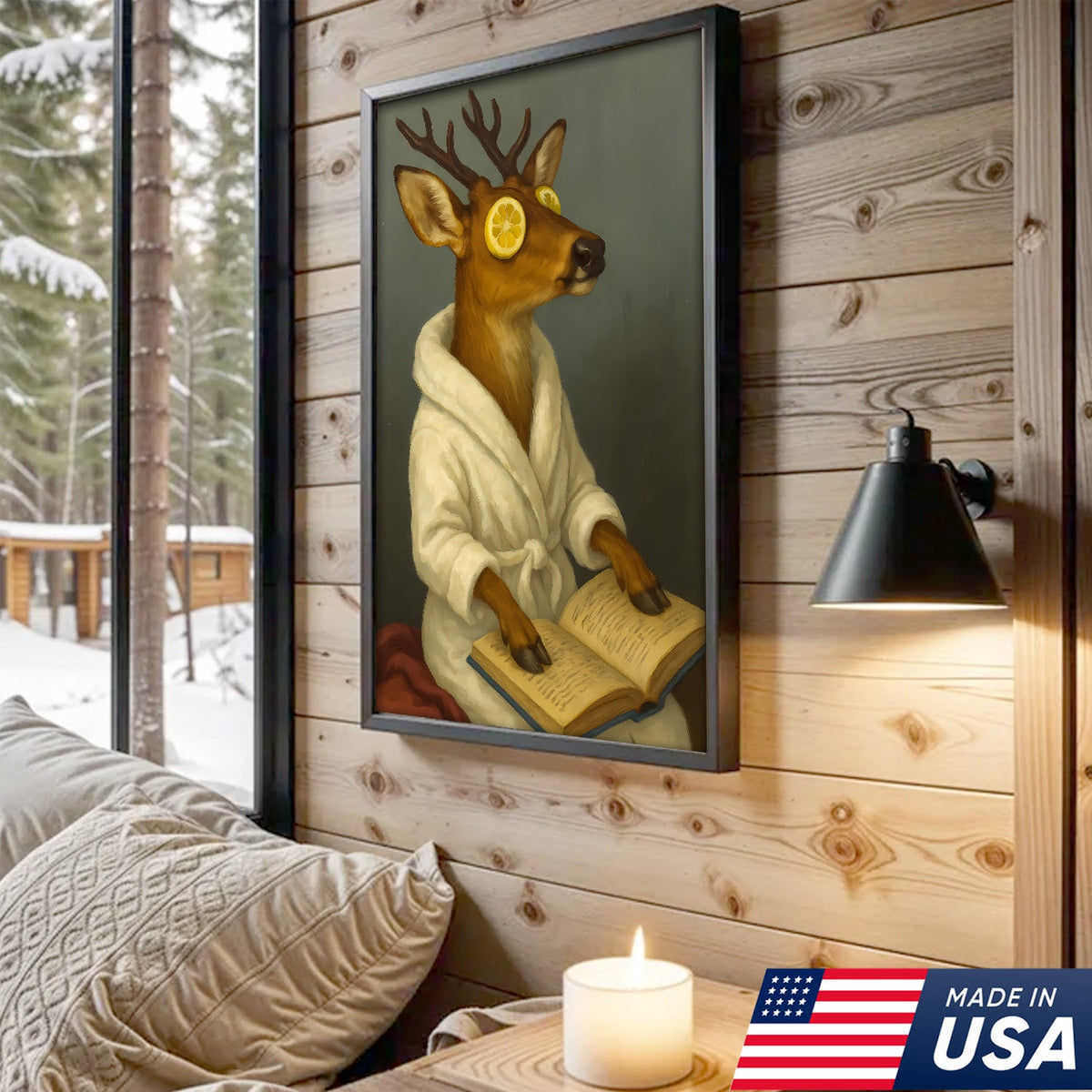 Funny Deer Spa Portrait Wall Art – Relaxing Deer With Lemon Eyes, Whimsical Animal Painting