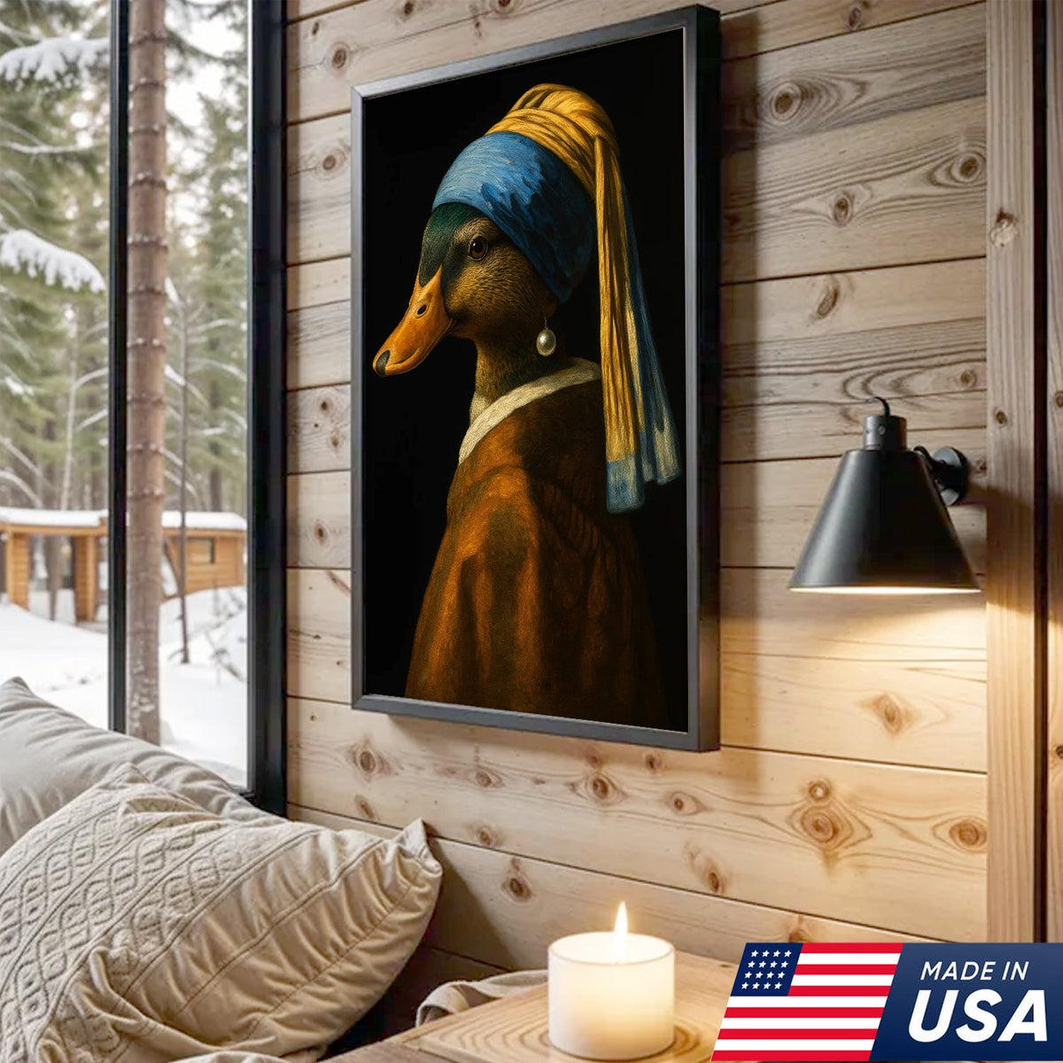 Duck with Pearl Earring Portrait Canvas, Funny Parody Duck Wall Art