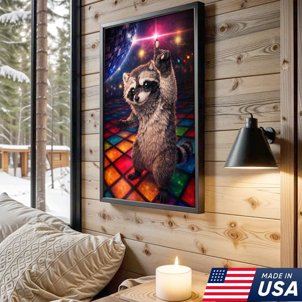 Disco Raccoon Wall Art Canvas Print, Funny Dancing Animal Illustration