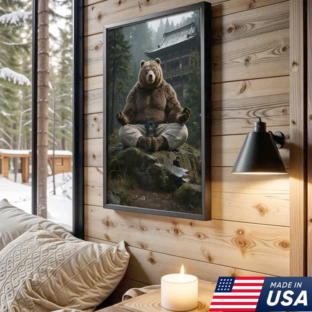 Zen Meditating Bear Canvas Wall Art, Martial Arts Bear in Forest Temple