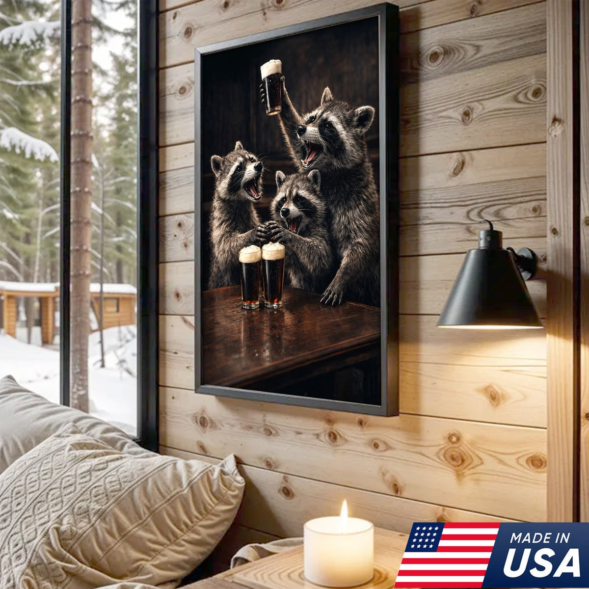 Funny Party Raccoon Wall Art Canvas Print, Wild Friends Celebration Animal Illustration