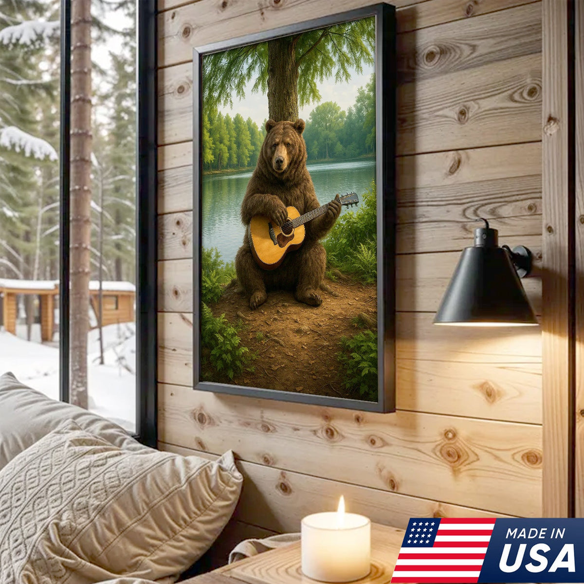 Bear Playing Guitar Canvas Wall Art, Rustic Cabin Lake Decor, Funny Wildlife Music Lover Gift