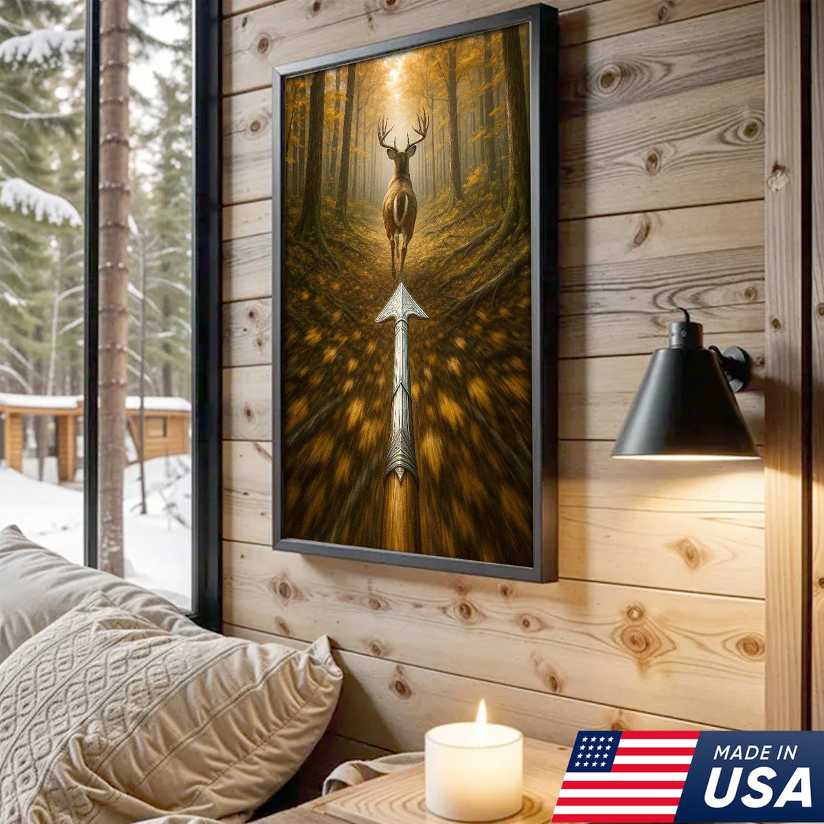 Deer Bow Hunting Canvas Wall Art, Arrowhead Forest Scene Artwork, Rustic Cabin Decor for Hunters