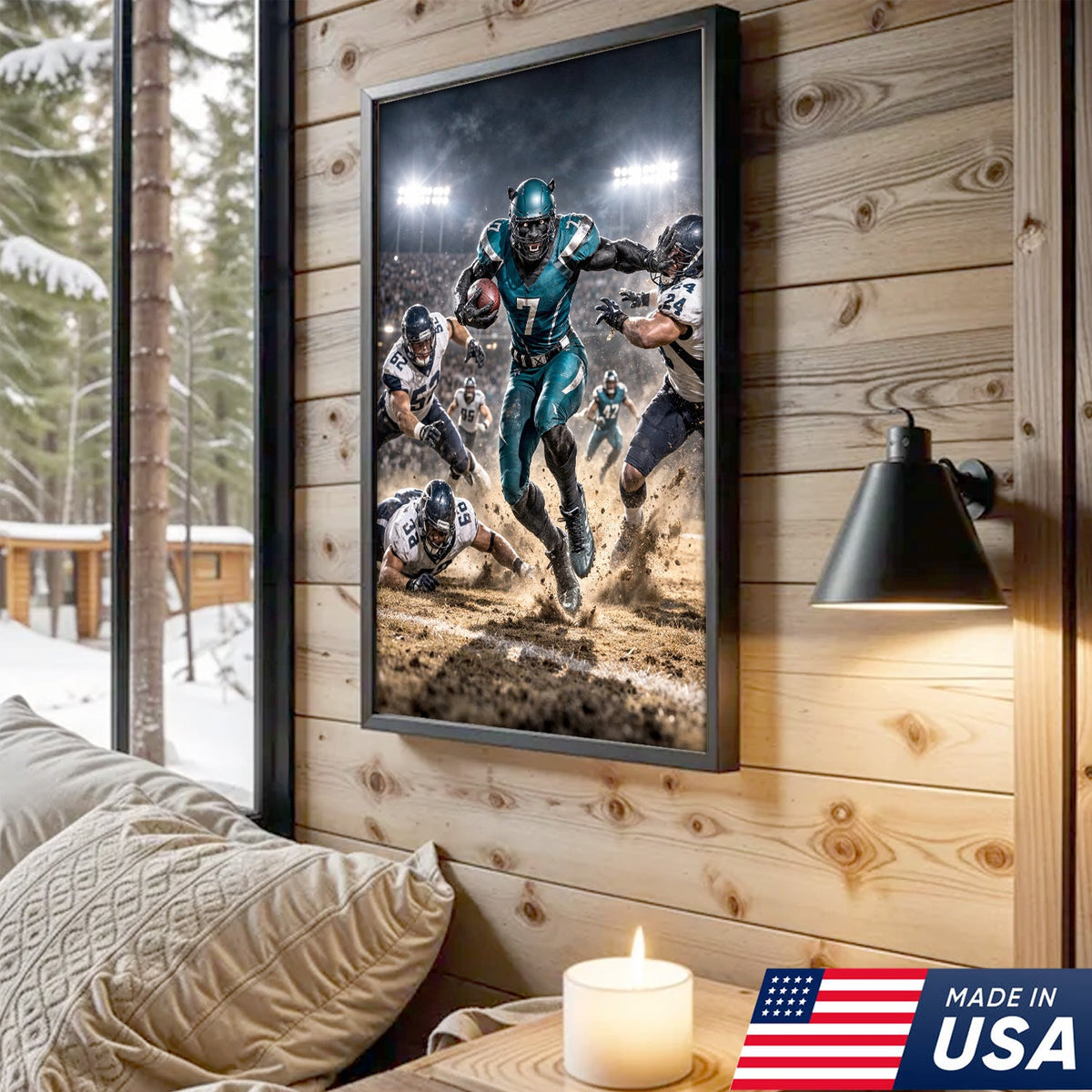 Black Panther Football Canvas Wall Art – Intense Stadium Action Sports Print