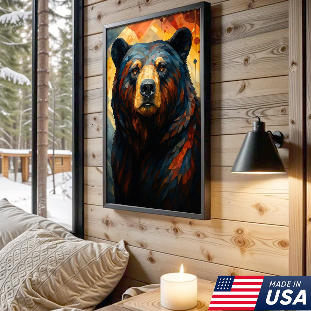 Geometric Bear Portrait Canvas – Modern Rustic Wall Art for Cabin & Man Cave Decor