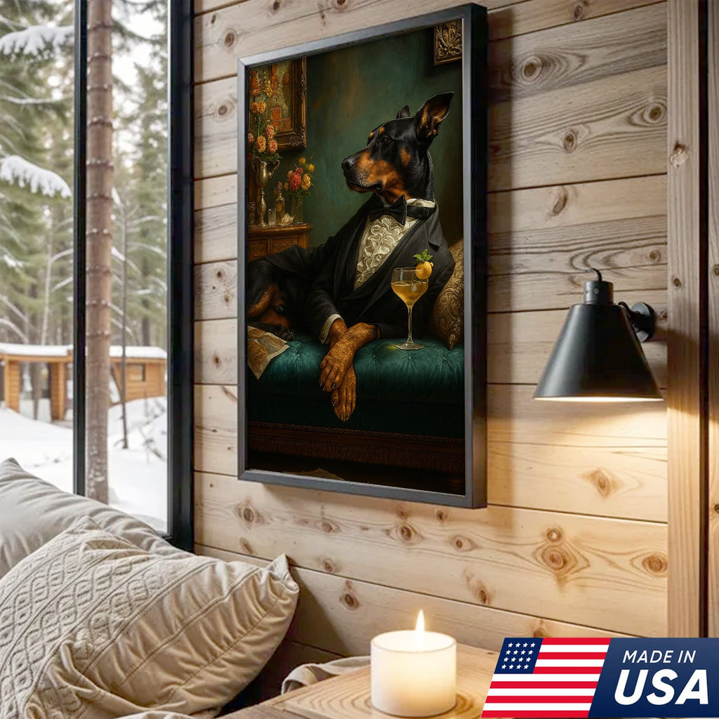 Elegant Doberman Gentleman Wall Art Canvas – Vintage Dog Portrait for Home Bar