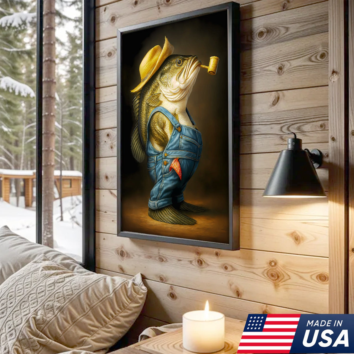 Funny Bass Wall Art – Farmer Fish Canvas for Fishing Lovers, Cabin & Lake House Decor