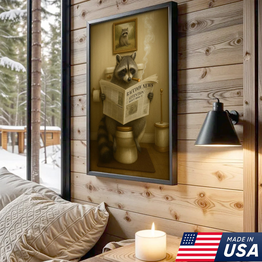 Funny Raccoon Bathroom Canvas Wall Art – Rustic Lodge Cabin Decor Toilet Humor