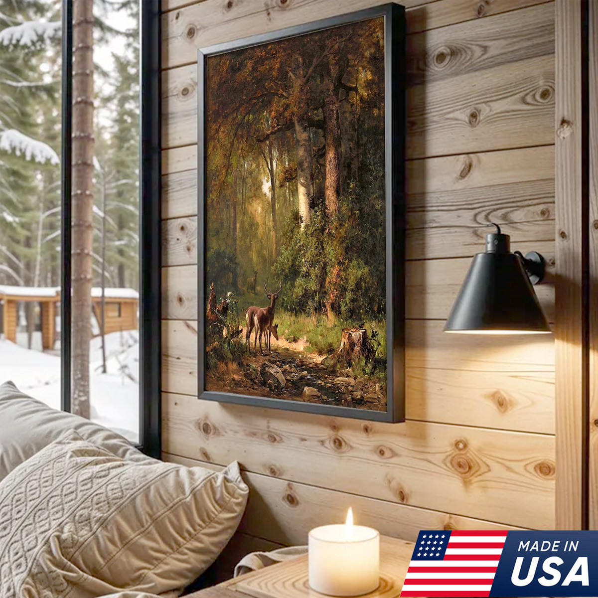 Deer Forest Canvas Wall Art, Vintage Woodland Stag Painting with Sunlit Creek