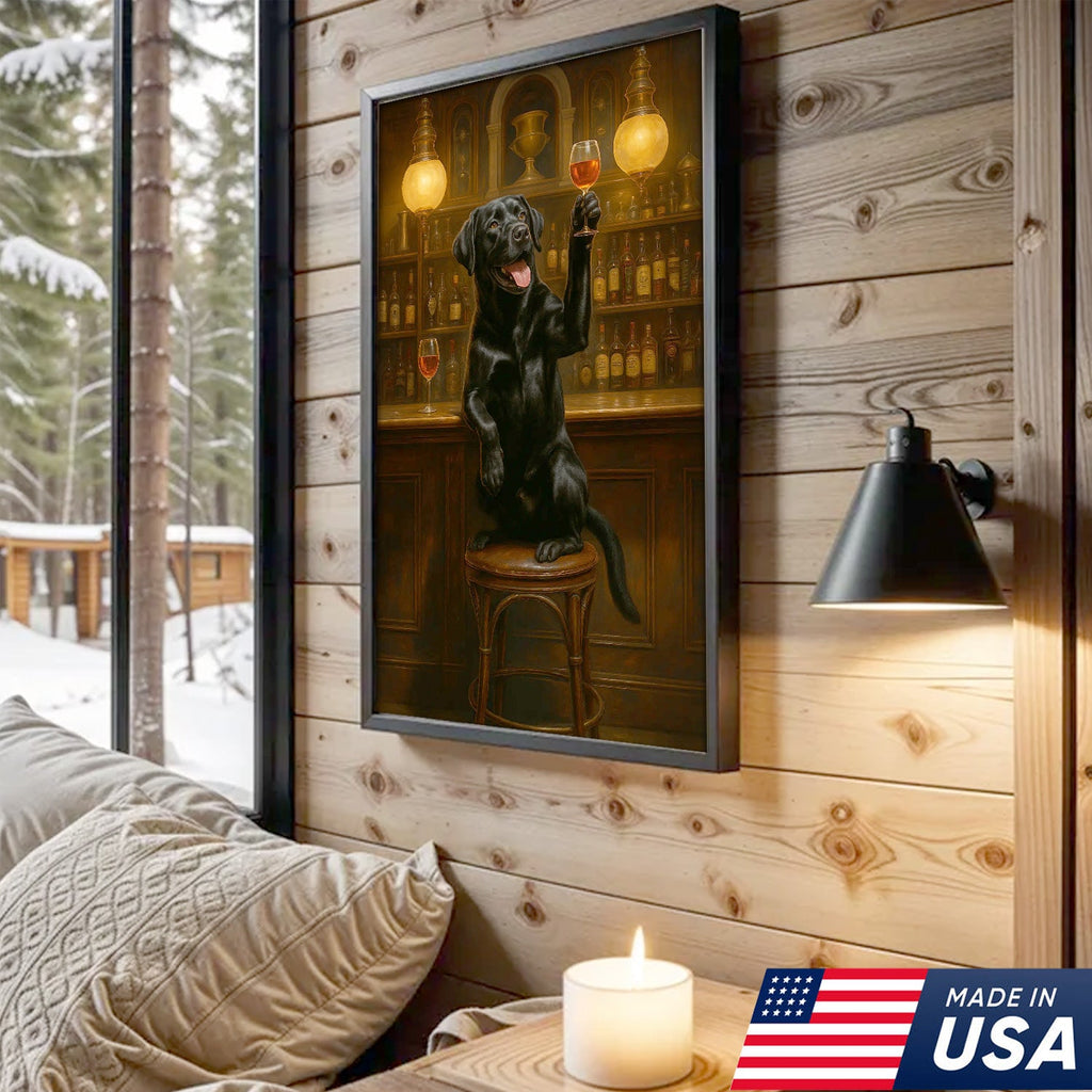 Bar Dog Canvas Art – Cheerful Black Labrador Raising a Fancy Drink