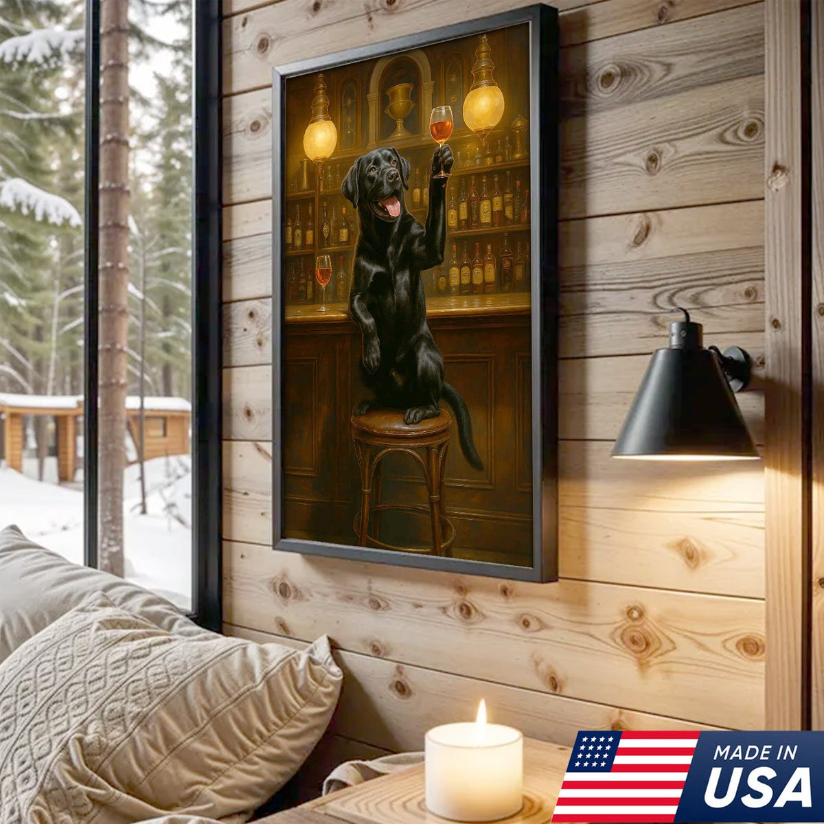 Bar Dog Canvas Art – Cheerful Black Labrador Raising a Fancy Drink