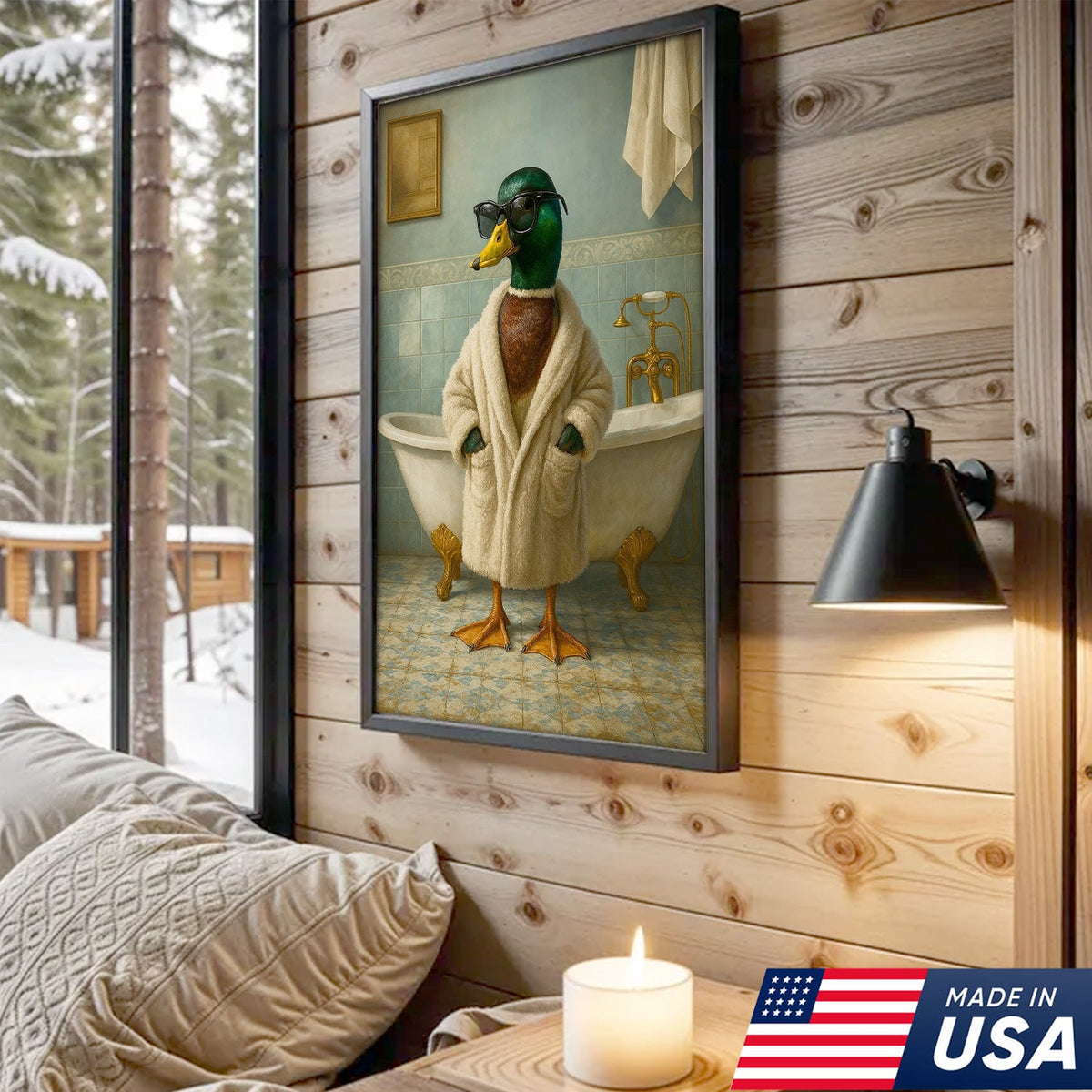 Bathrobe Duck Canvas Art – Cool Duck in Cozy Robe with Sunglasses