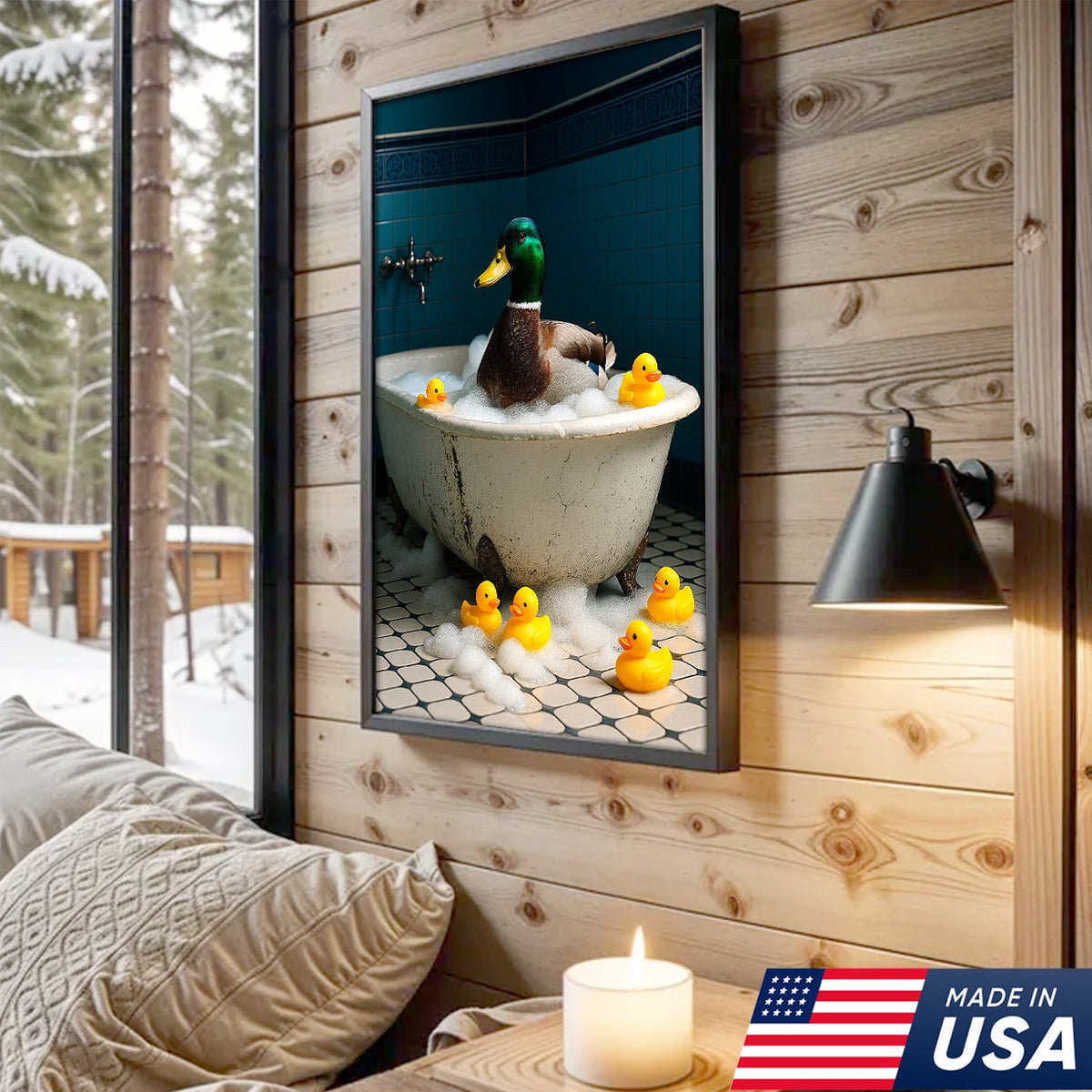 Bubble Bath Duck Canvas Art – Funny Duck in Foamy Tub with Rubber Ducklings