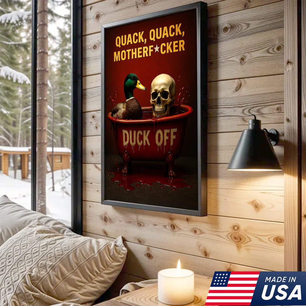 Dark Humor Duck Canvas Art – Savage Duck in Bloody Tub with Skull, Horror-Style “Duck Off” Wall Decor