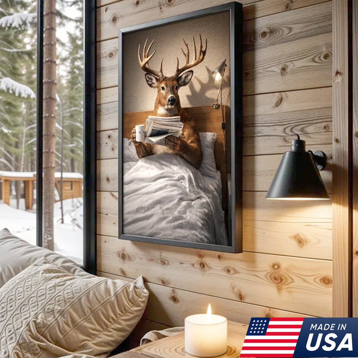 Funny Deer Canvas Wall Art Morning Coffee Newspaper Animal Humor Decor