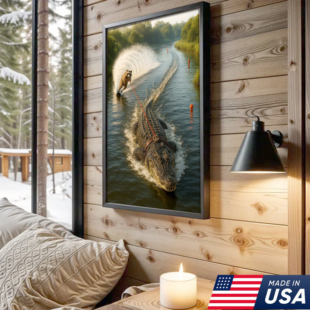 Racoon Water Skiing with Alligator Canvas Wall Art, Funny Animal Adventure Decor