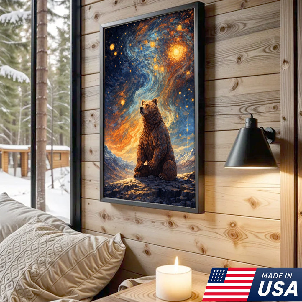 Cosmic Bear Under Starry Sky Canvas – Dreamy Galaxy Wildlife Wall Art