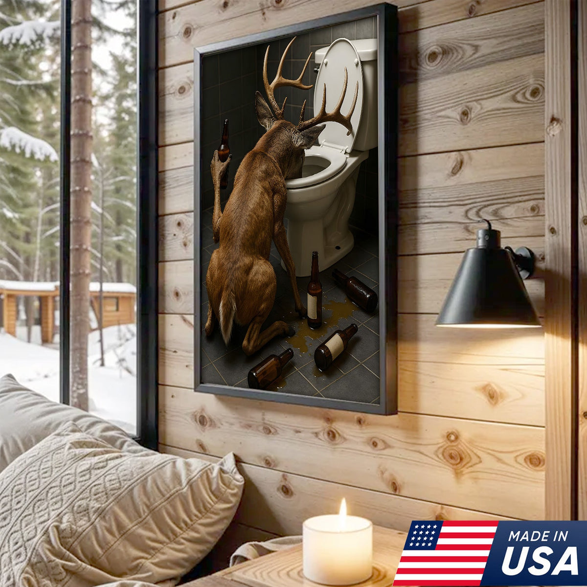 Funny Drunk Deer Canvas Wall Art, Hilarious Buck Bathroom Decor