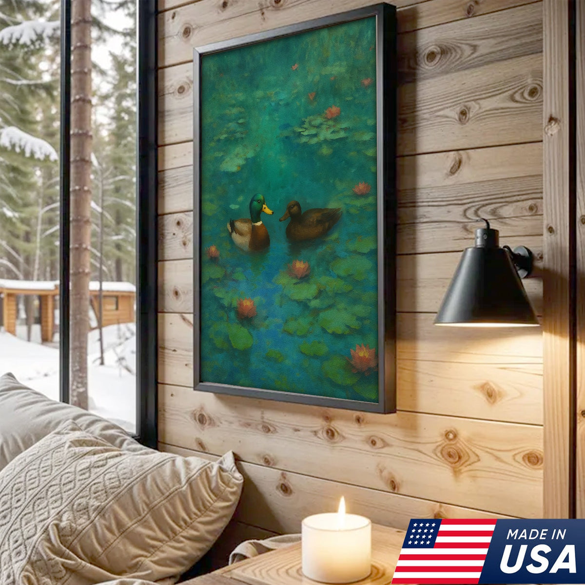 Romantic Mallard Duck Canvas Wall Art – Tranquil Pond & Water Lily Canvas