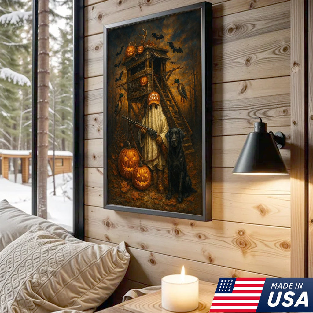 Halloween Canvas Wall Art – Ghost Hunter and Black Lab, Pumpkins, Bats and Ducks