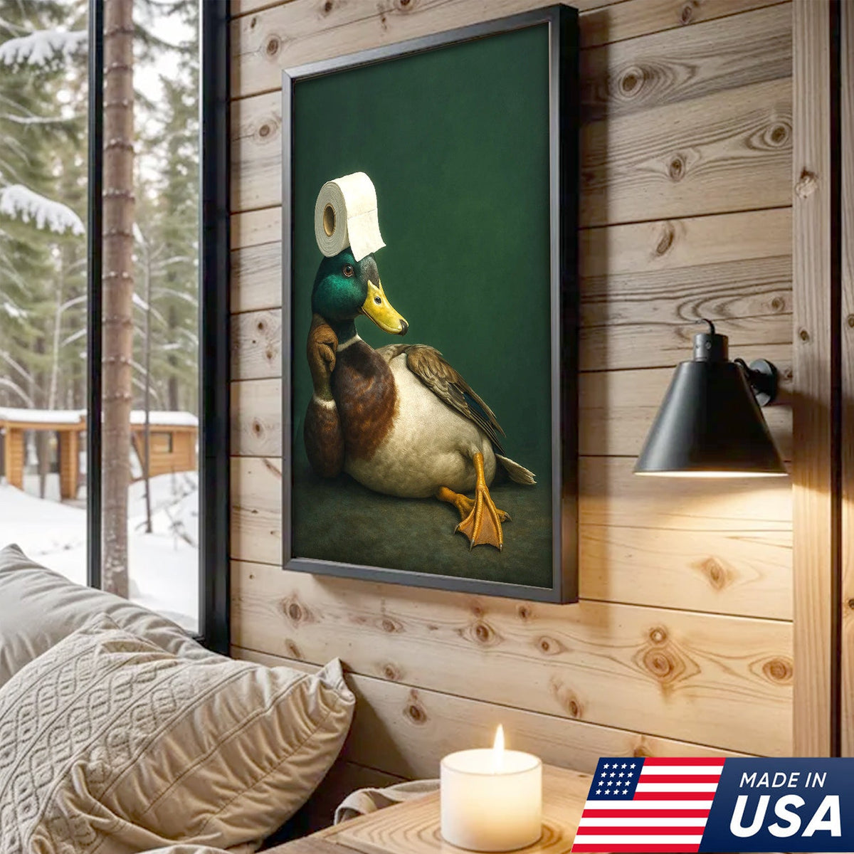 Funny Duck Bathroom Canvas Wall Art – Quirky Rustic Lodge Decor – Mallard Humor Gift Idea