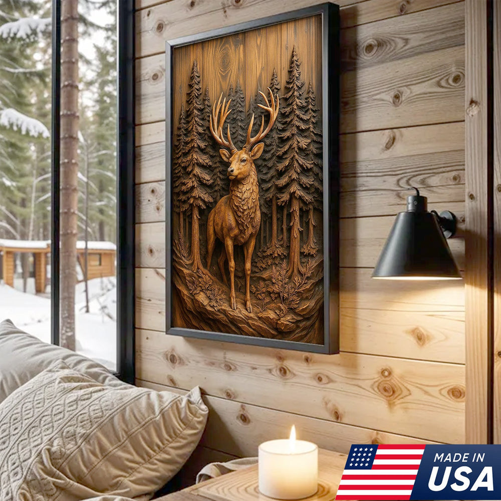 Deer in Pine Forest Canvas Wall Art, Rustic Wood Carved Look Buck Artwork