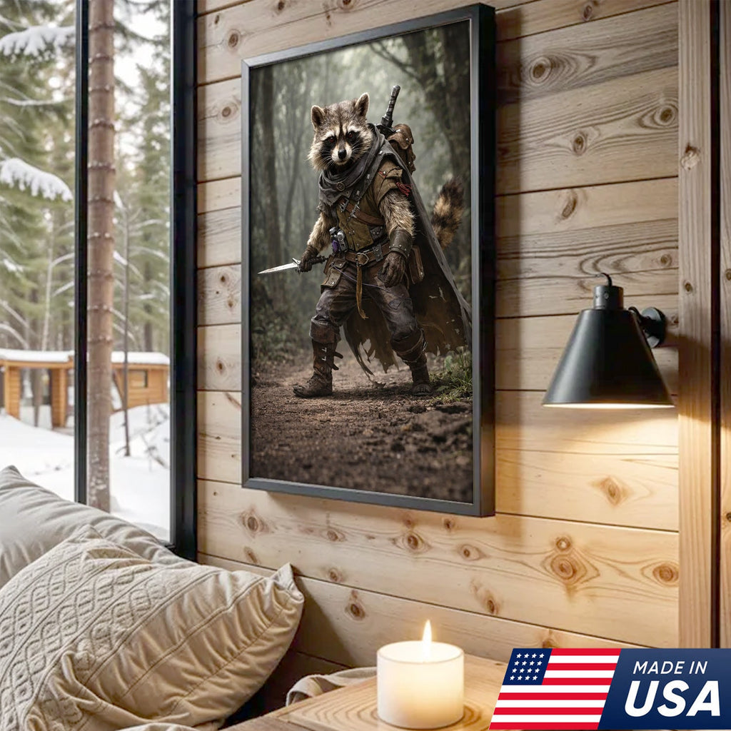 Epic Raccoon Warrior Wall Art Canvas Print, Fantasy Adventurer Animal Illustration