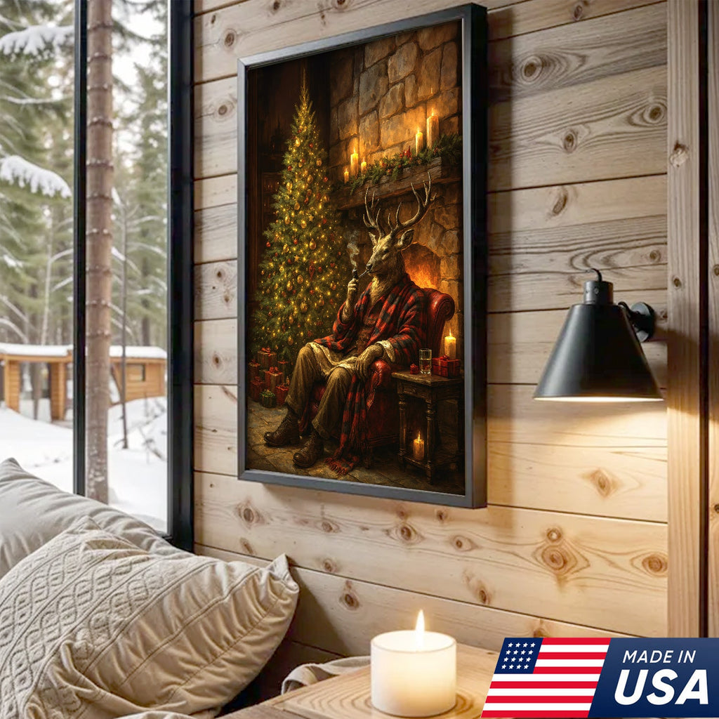 Christmas Deer Smoking Pipe Canvas - Cozy Cabin Wall Decor, Rustic Holiday Artwork