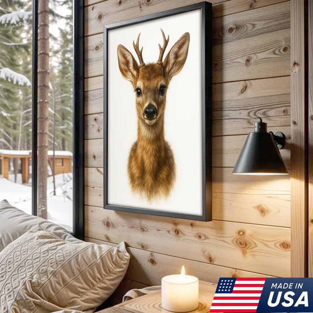Minimalist Deer Canvas Wall Art, Realistic Baby Buck Portrait, Modern Wildlife Animal Print