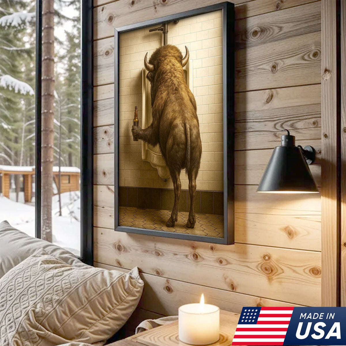 Funny Bison Canvas Wall Art - Rustic Bathroom Lodge Decor for Hunters - Unique Wildlife Cabin Print