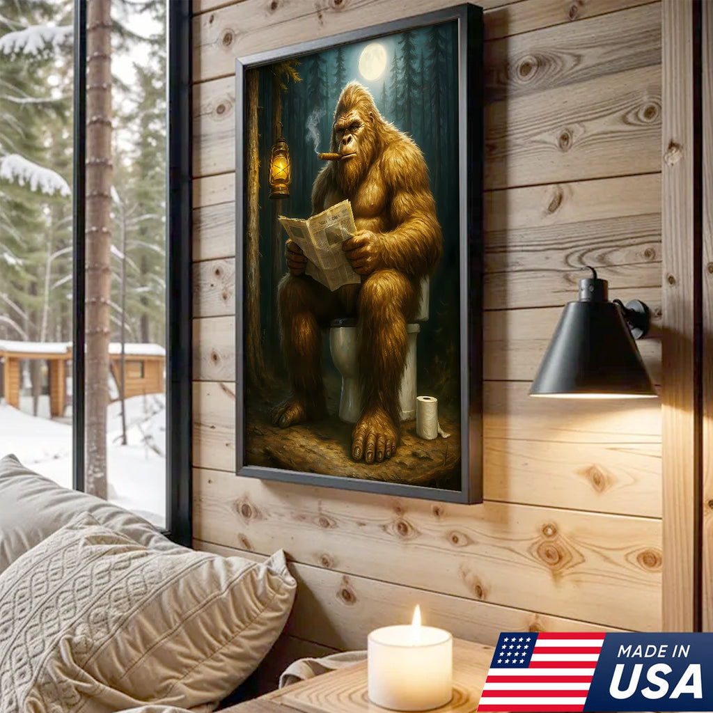 Funny Bigfoot Bathroom Canvas Wall Art, Sasquatch Reading Newspaper Picture