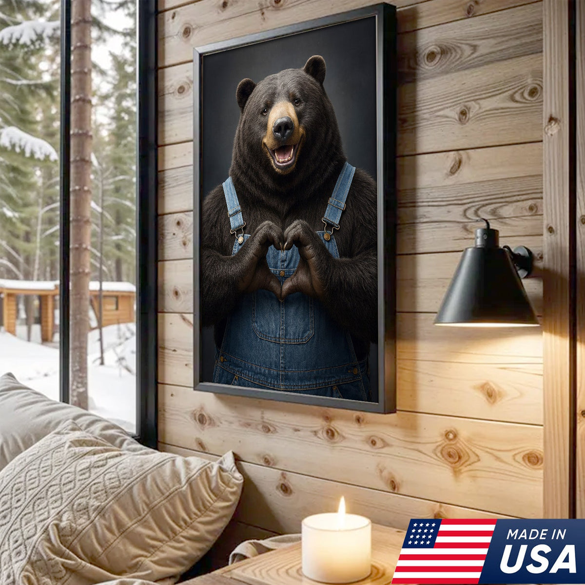 Cute Bear Heart Hands Wall Art Canvas – Whimsical Animal Print for Cabin
