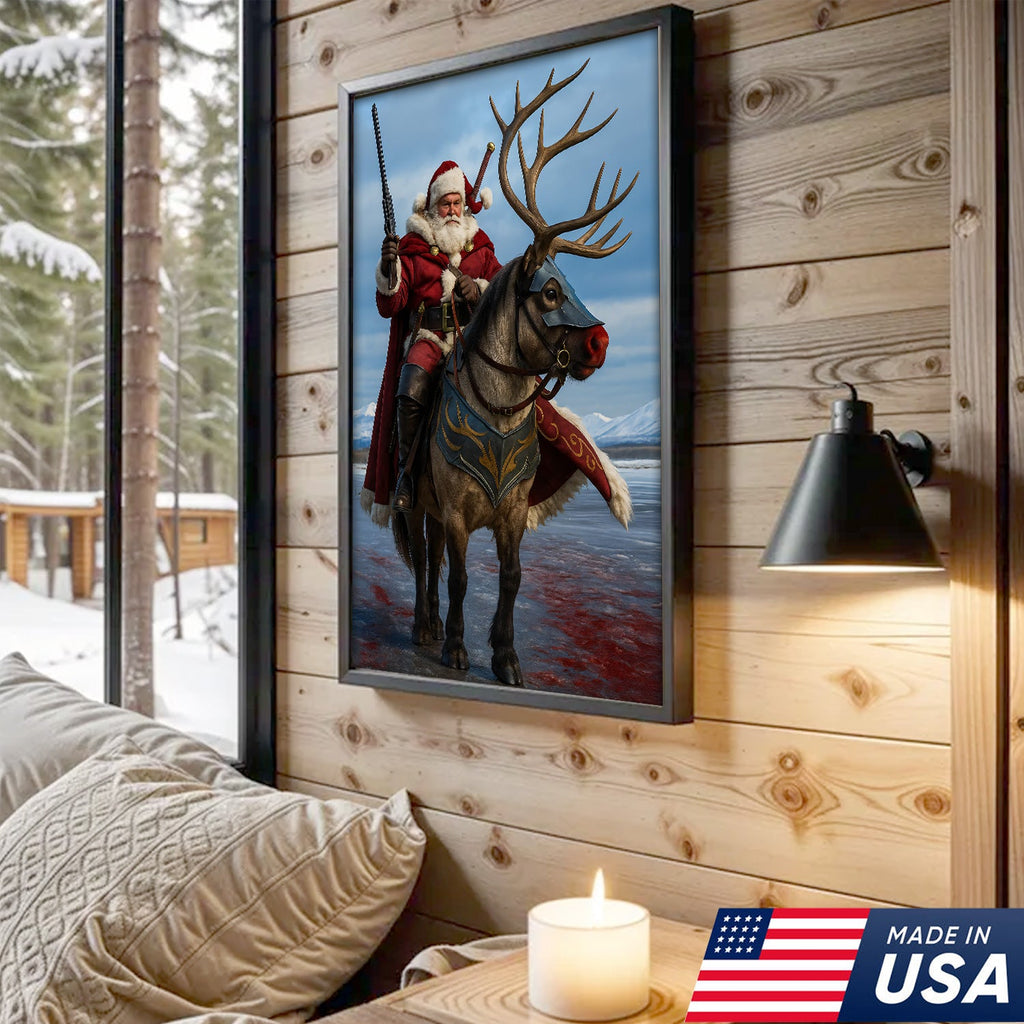 Epic Santa Riding Reindeer Canvas Wall Art, Fantasy Warrior Santa on Armored Reindeer