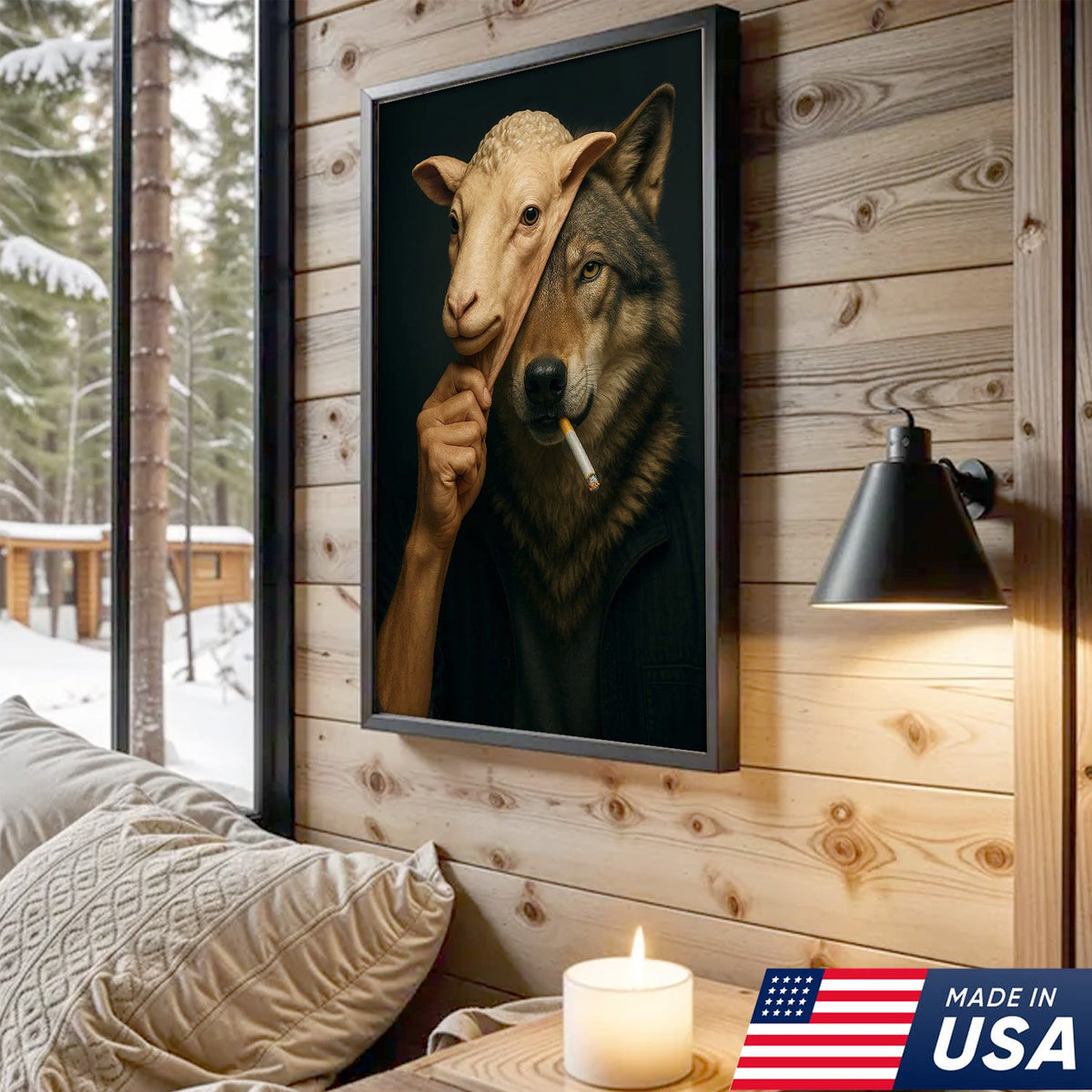 Dark Humor Wolf Wall Art — “Wolf in Sheep’s Clothing” Smoking Cigarette Concept Canvas